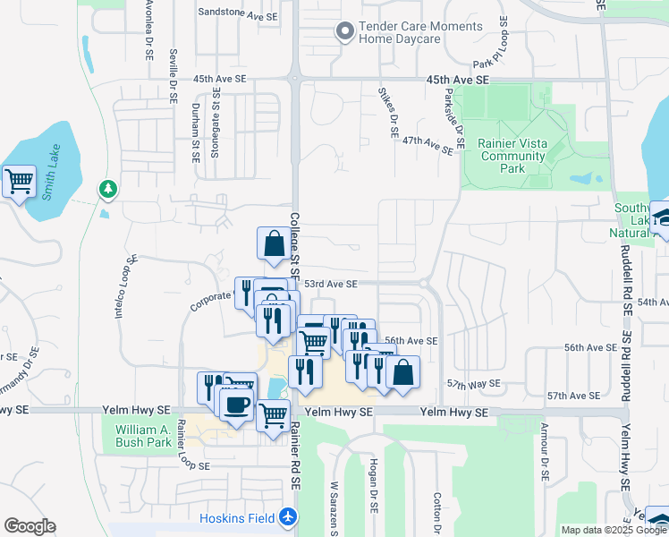 map of restaurants, bars, coffee shops, grocery stores, and more near 5250 College Street Southeast in Lacey