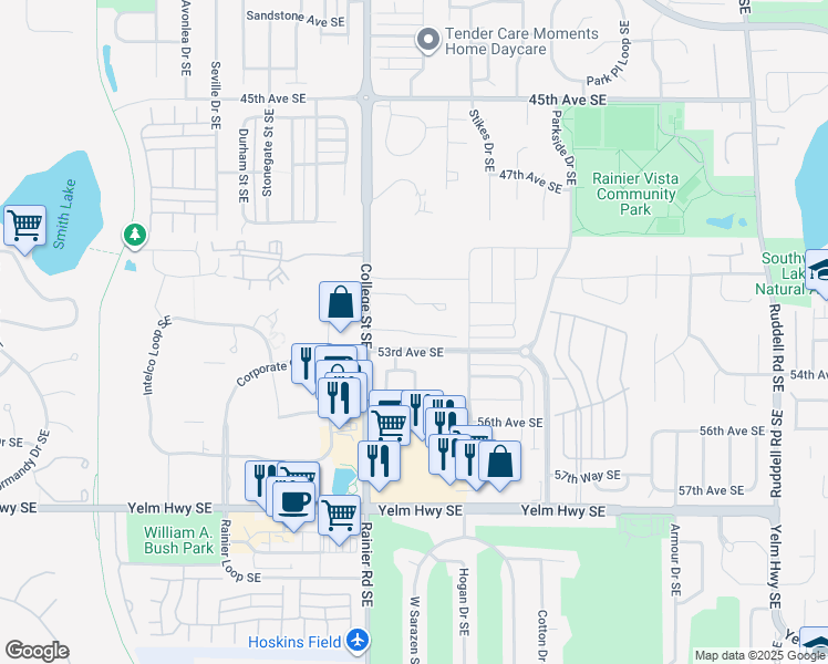 map of restaurants, bars, coffee shops, grocery stores, and more near 5250 College Street Southeast in Lacey