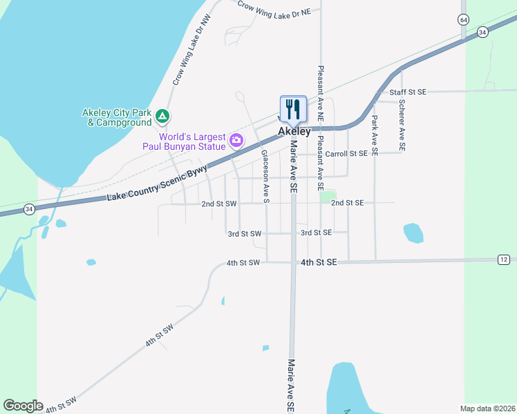 map of restaurants, bars, coffee shops, grocery stores, and more near 95 2nd Street Southeast in Akeley