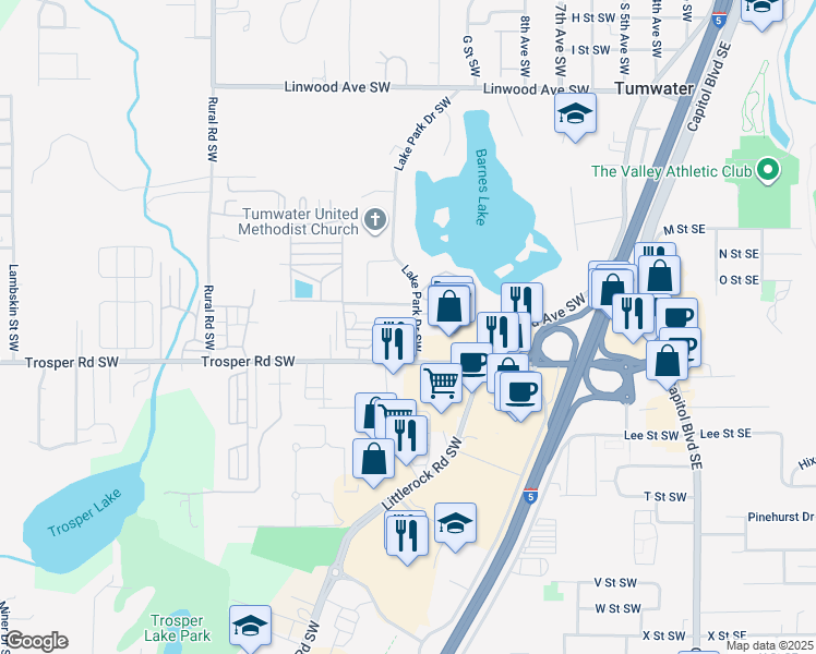 map of restaurants, bars, coffee shops, grocery stores, and more near 1709 Lake Park Drive Southwest in Tumwater