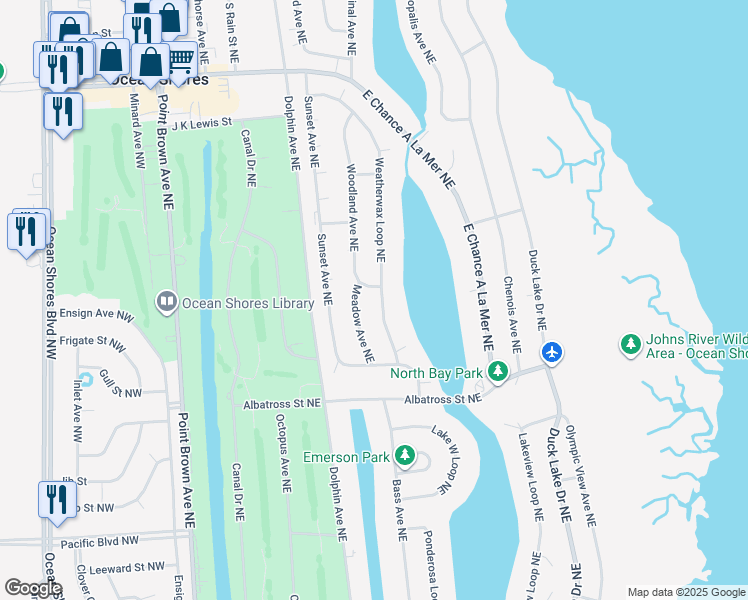 map of restaurants, bars, coffee shops, grocery stores, and more near 591 Weatherwax Loop Northeast in Ocean Shores
