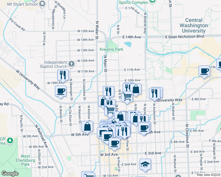 map of restaurants, bars, coffee shops, grocery stores, and more near 903 North Main Street in Ellensburg