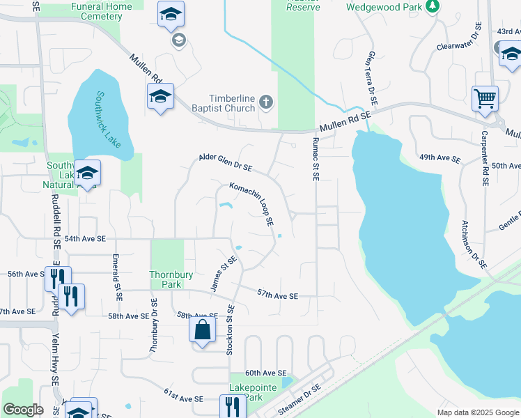 map of restaurants, bars, coffee shops, grocery stores, and more near 5525 Komachin Loop Southeast in Lacey