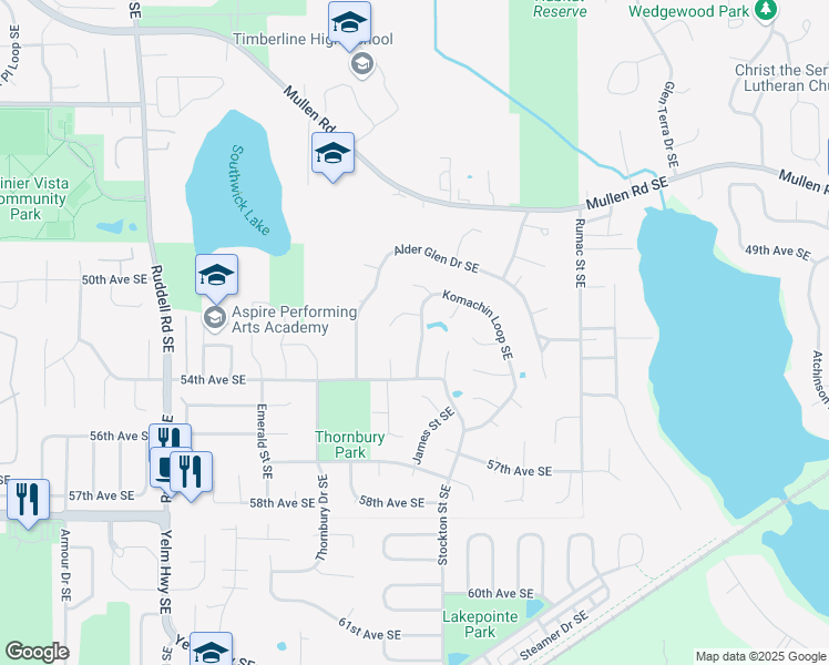 map of restaurants, bars, coffee shops, grocery stores, and more near 5430 Komachin Loop Southeast in Lacey