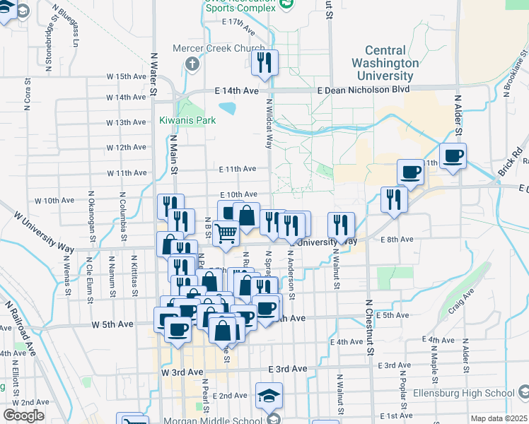 map of restaurants, bars, coffee shops, grocery stores, and more near 215 East 9th Avenue in Ellensburg
