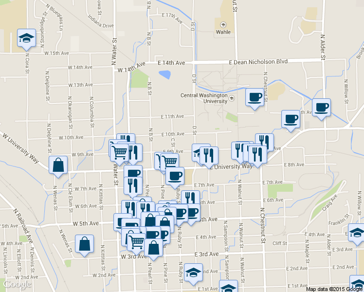map of restaurants, bars, coffee shops, grocery stores, and more near 209 East 9th Avenue in Ellensburg