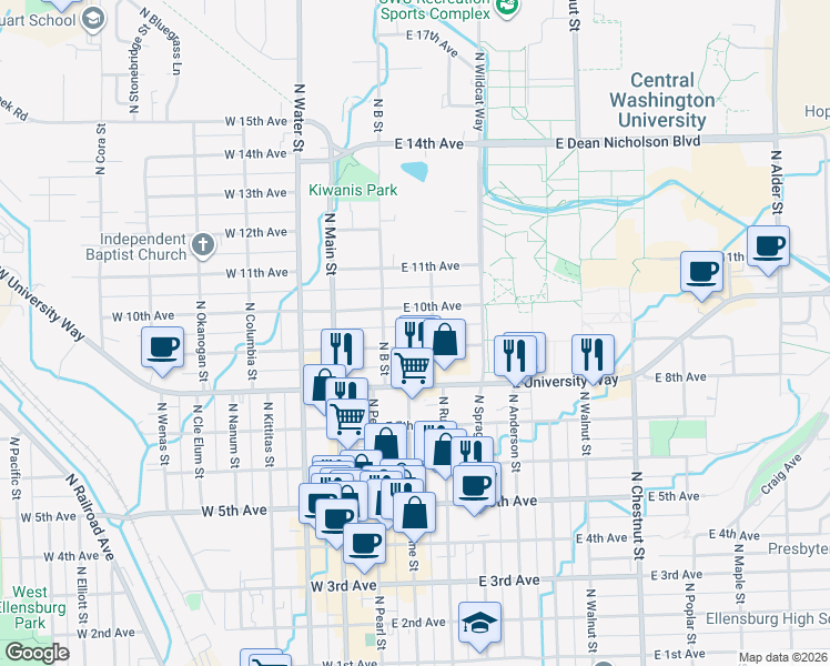 map of restaurants, bars, coffee shops, grocery stores, and more near 111 East 9th Avenue in Ellensburg