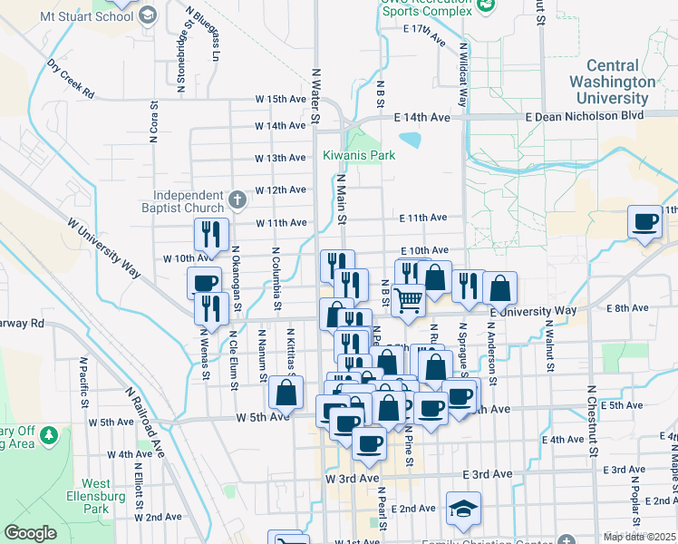 map of restaurants, bars, coffee shops, grocery stores, and more near 903 North Main Street in Ellensburg