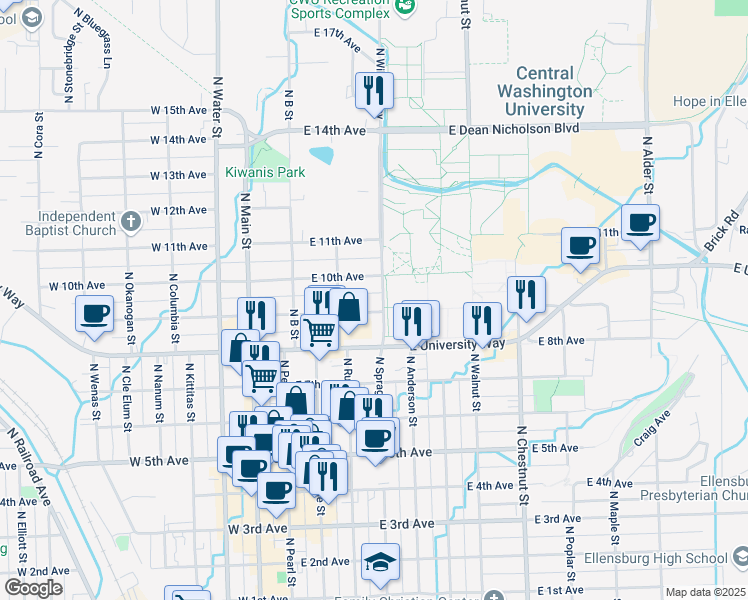 map of restaurants, bars, coffee shops, grocery stores, and more near 215 East 9th Avenue in Ellensburg