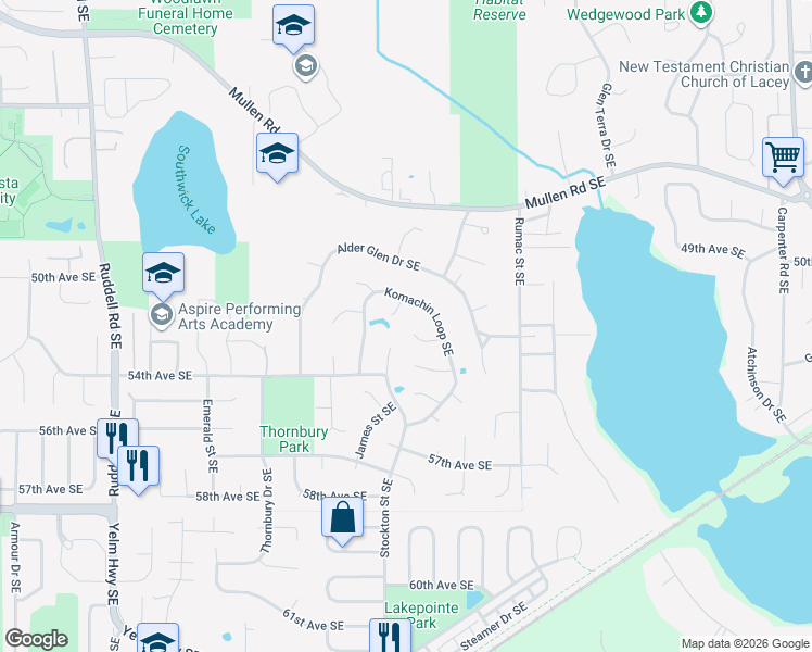 map of restaurants, bars, coffee shops, grocery stores, and more near 6421 Jeffrey Court Southeast in Lacey