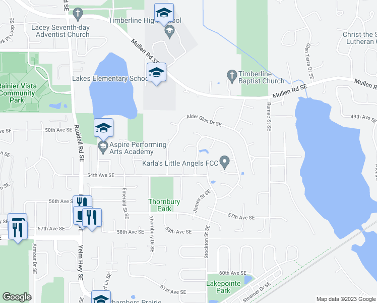 map of restaurants, bars, coffee shops, grocery stores, and more near 6237 Wade Court Southeast in Lacey