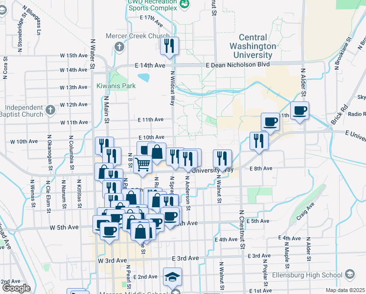 map of restaurants, bars, coffee shops, grocery stores, and more near 1501 North Glen Drive in Ellensburg