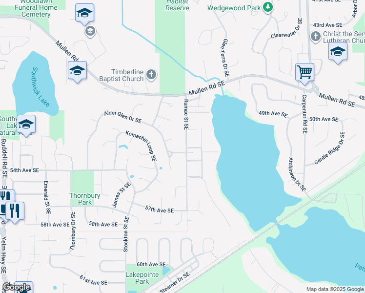 map of restaurants, bars, coffee shops, grocery stores, and more near 5121 Rumac Street Southeast in Olympia