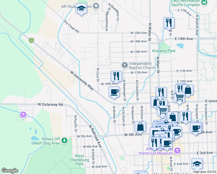 map of restaurants, bars, coffee shops, grocery stores, and more near 602 West 10th Avenue in Ellensburg