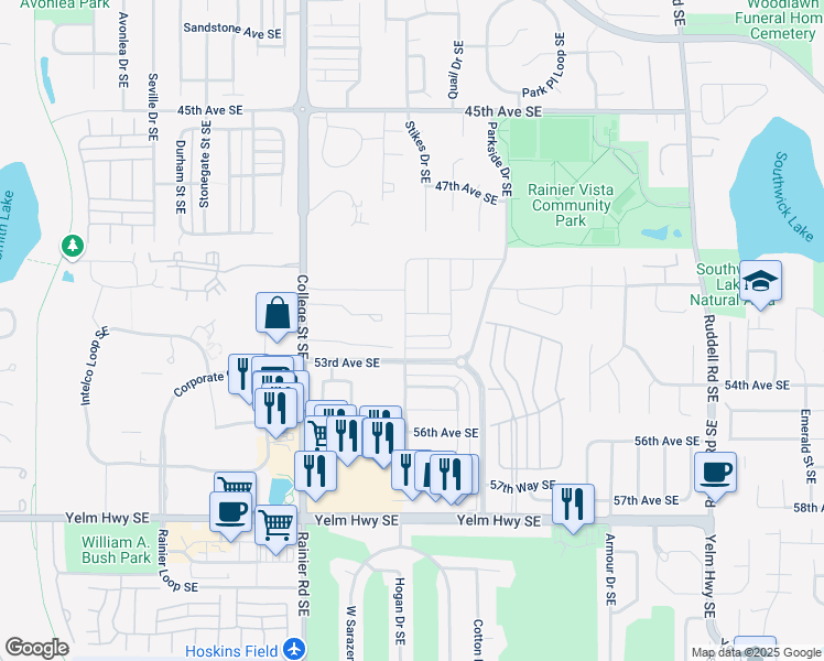 map of restaurants, bars, coffee shops, grocery stores, and more near 5204 52nd Way Southeast in Lacey