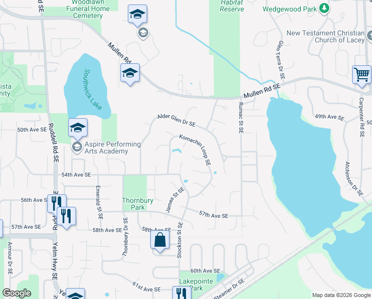 map of restaurants, bars, coffee shops, grocery stores, and more near 6421 Jeffrey Court Southeast in Lacey