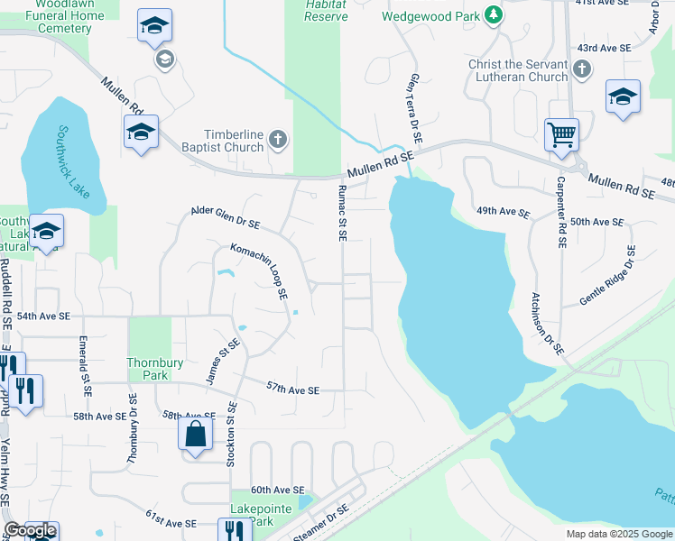 map of restaurants, bars, coffee shops, grocery stores, and more near 5121 Rumac Street Southeast in Olympia