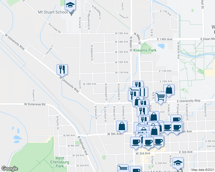 map of restaurants, bars, coffee shops, grocery stores, and more near 411 West 9th Avenue in Ellensburg