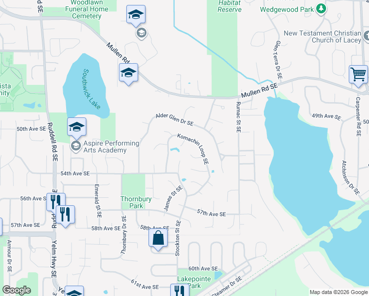 map of restaurants, bars, coffee shops, grocery stores, and more near 6421 Jeffrey Court Southeast in Lacey