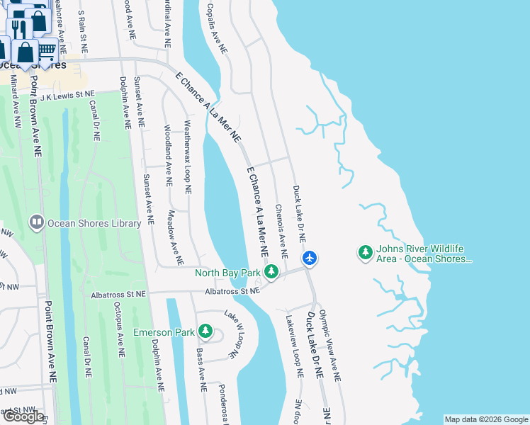 map of restaurants, bars, coffee shops, grocery stores, and more near 556 East Chance a La Mer Northeast in Ocean Shores