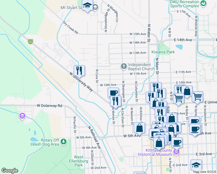 map of restaurants, bars, coffee shops, grocery stores, and more near 602 West 10th Avenue in Ellensburg