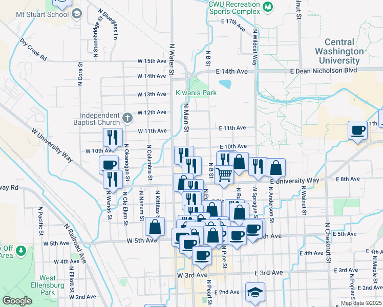 map of restaurants, bars, coffee shops, grocery stores, and more near 903 North Main Street in Ellensburg