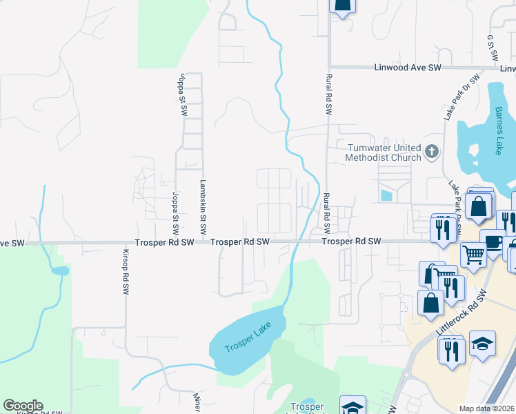 map of restaurants, bars, coffee shops, grocery stores, and more near 3118 West Eagle Lane Southwest in Olympia