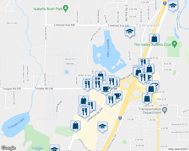 map of restaurants, bars, coffee shops, grocery stores, and more near 1709 Lake Park Drive Southwest in Tumwater