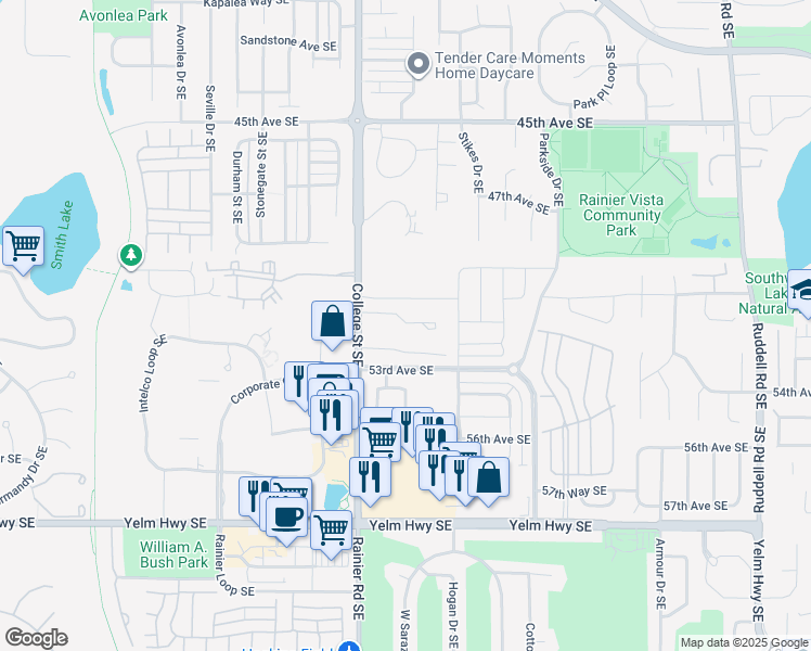 map of restaurants, bars, coffee shops, grocery stores, and more near 5250 College Street Southeast in Lacey