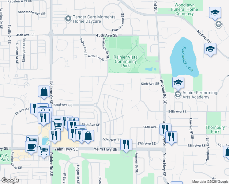 map of restaurants, bars, coffee shops, grocery stores, and more near 5313 52nd Lane Southeast in Lacey
