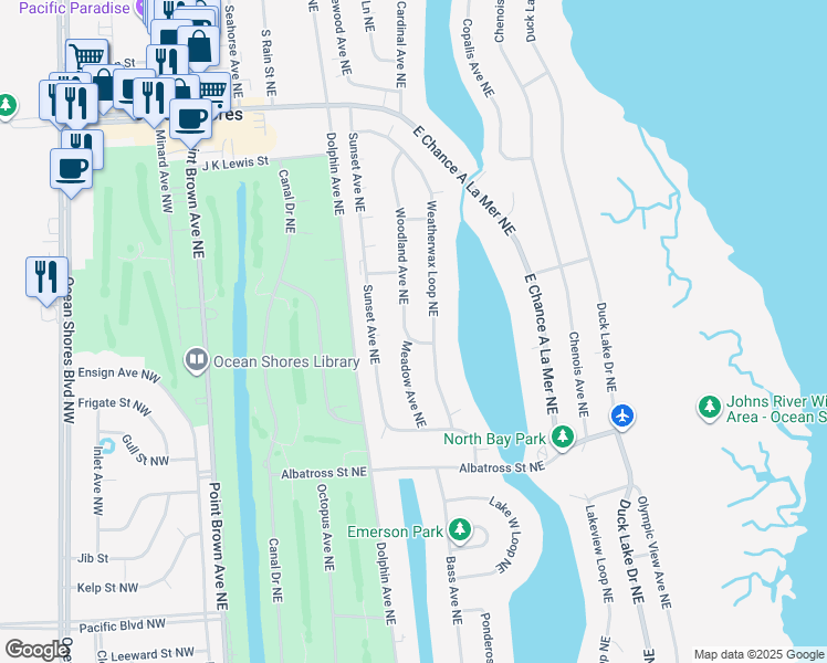 map of restaurants, bars, coffee shops, grocery stores, and more near 591 Weatherwax Loop Northeast in Ocean Shores
