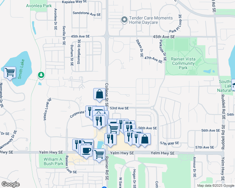 map of restaurants, bars, coffee shops, grocery stores, and more near 4947 51st Lane Southeast in Lacey