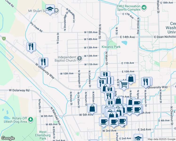 map of restaurants, bars, coffee shops, grocery stores, and more near 1006 North Columbia Street in Ellensburg