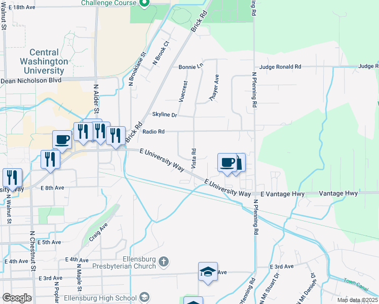 map of restaurants, bars, coffee shops, grocery stores, and more near 1002 Vista Road in Ellensburg