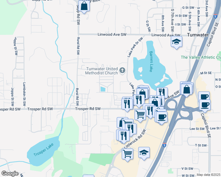 map of restaurants, bars, coffee shops, grocery stores, and more near 930 Trosper Road Southwest in Tumwater