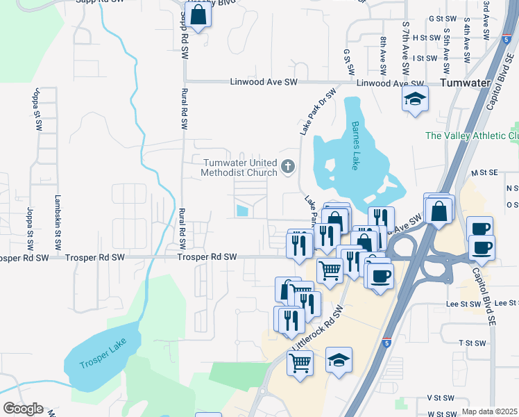 map of restaurants, bars, coffee shops, grocery stores, and more near 930 Trosper Road Southwest in Tumwater