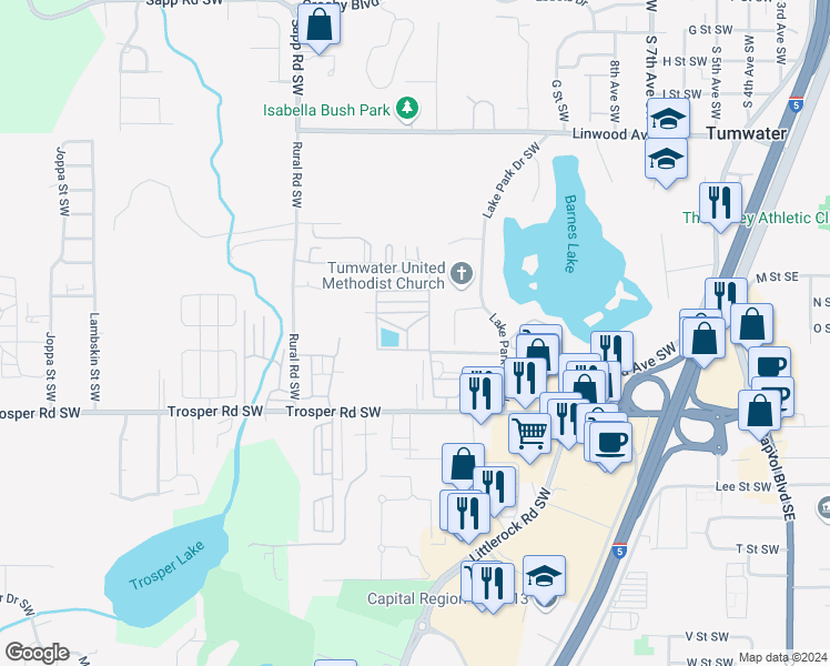 map of restaurants, bars, coffee shops, grocery stores, and more near 930 Trosper Road Southwest in Tumwater