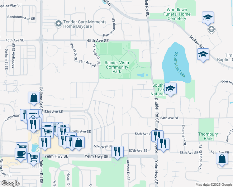 map of restaurants, bars, coffee shops, grocery stores, and more near 5490 50th Avenue Southeast in Lacey