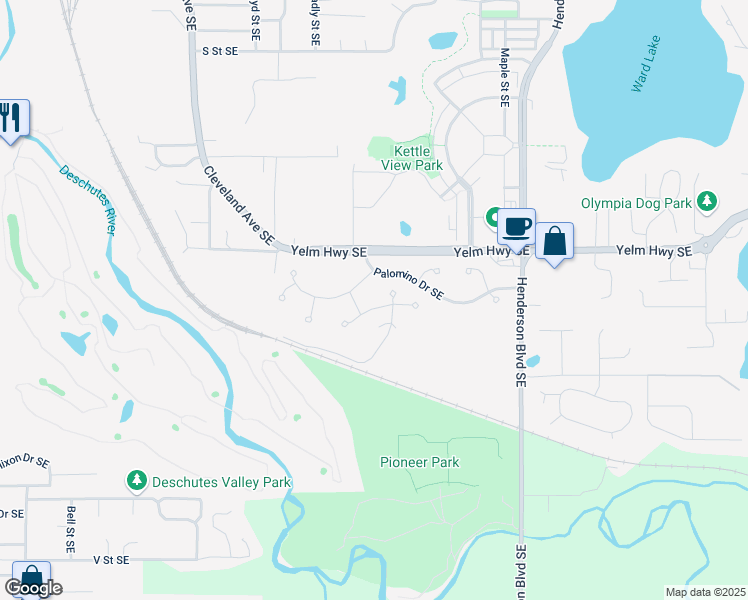 map of restaurants, bars, coffee shops, grocery stores, and more near 933 Harvest Drive Southeast in Tumwater