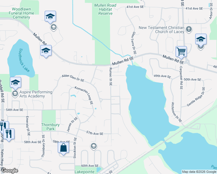 map of restaurants, bars, coffee shops, grocery stores, and more near 4941 Rumac Street Southeast in Olympia