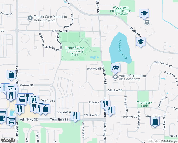 map of restaurants, bars, coffee shops, grocery stores, and more near 4943 Cottage Lane Southeast in Lacey