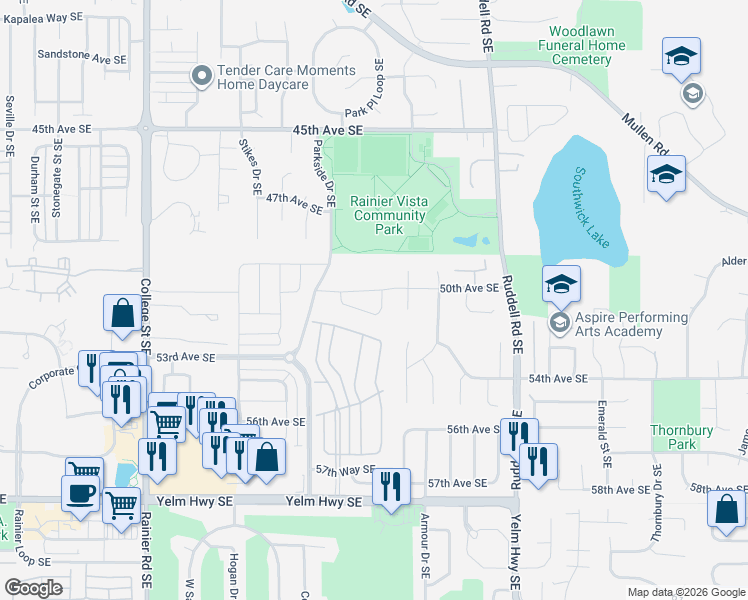 map of restaurants, bars, coffee shops, grocery stores, and more near 5040 50th Avenue Southeast in Lacey