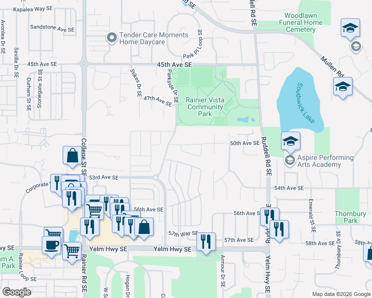 map of restaurants, bars, coffee shops, grocery stores, and more near 5040 50th Avenue Southeast in Lacey