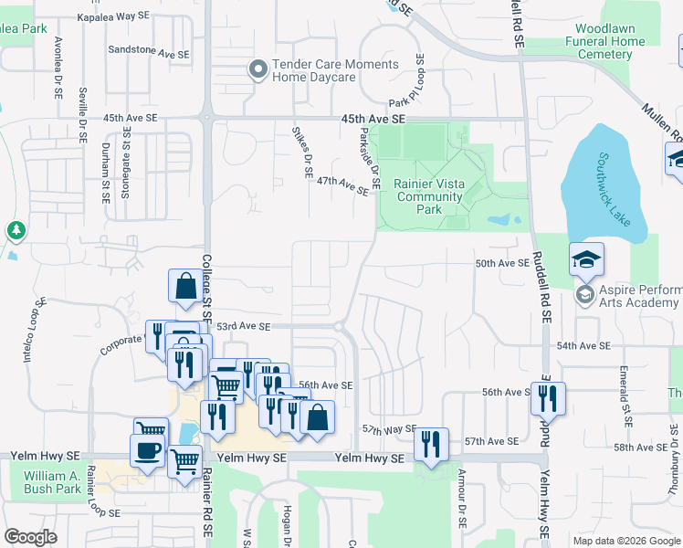 map of restaurants, bars, coffee shops, grocery stores, and more near 5051 Evie Street Southeast in Lacey