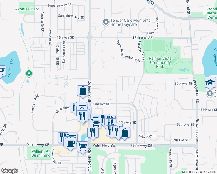 map of restaurants, bars, coffee shops, grocery stores, and more near 5004 50th Avenue Southeast in Lacey