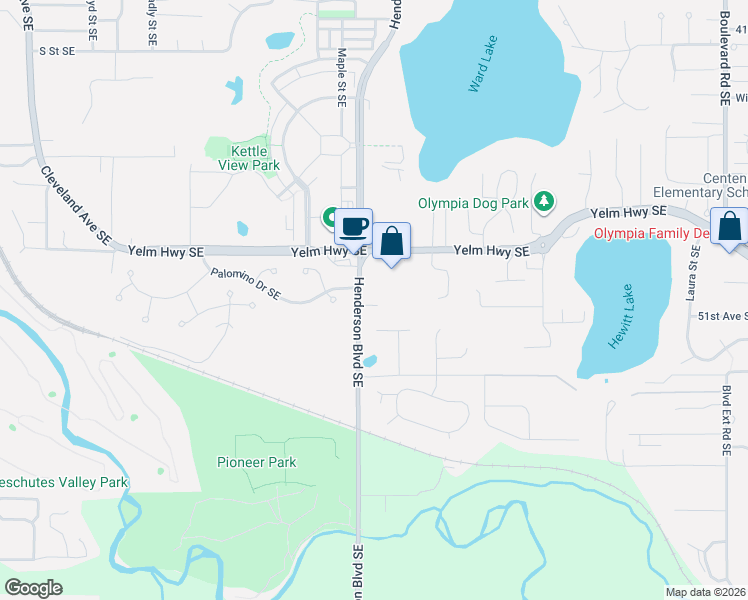map of restaurants, bars, coffee shops, grocery stores, and more near 1611 Yelm Highway Southeast in Olympia