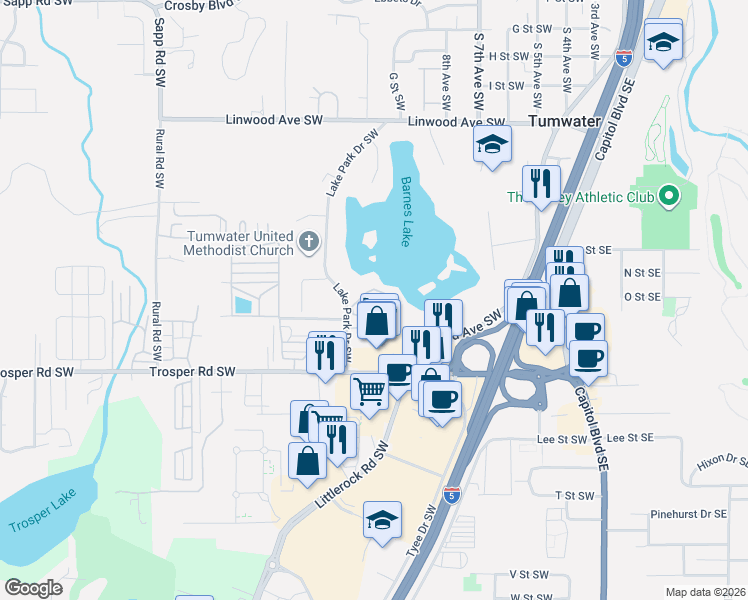 map of restaurants, bars, coffee shops, grocery stores, and more near 1500 Lake Park Drive Southwest in Tumwater