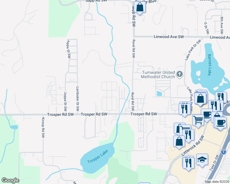 map of restaurants, bars, coffee shops, grocery stores, and more near 5094 Bald Eagle Lane Southwest in Tumwater