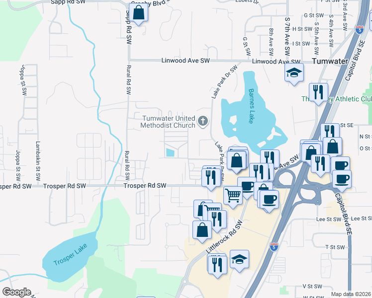 map of restaurants, bars, coffee shops, grocery stores, and more near 930 Trosper Road Southwest in Tumwater