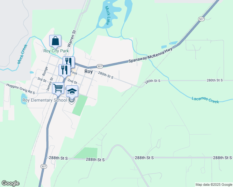 map of restaurants, bars, coffee shops, grocery stores, and more near 7902 280th Street South in Roy